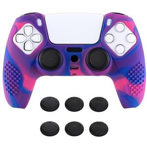 eXtremeRate PlayVital Siliconen beschermhoes voor ps5-controller, antislip beschermhoes voor PS5, siliconen handgreep met joystickdop voor PS5-roze & paars en blauw (3D-editie met spijkers