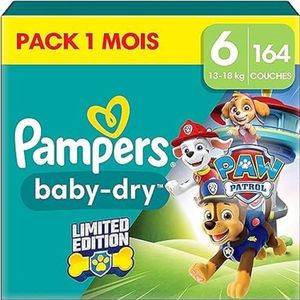 Pampers Baby-Dry Lot de 164 couches Paw Patrol Taille 6 (13 à 18 kg) Protection complète contre les fuites jusqu'à 12 h