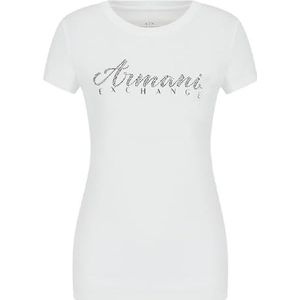 Armani Exchange T-shirt met korte mouwen, klassiek script logo met ronde hals voor dames, Optisch wit.