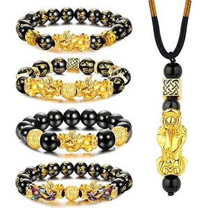 Kakonia 4 stuks Feng Shui Armbanden Halsketting Set voor Mannen Vrouwen Zwart Obsidiaan Rijkdom Armbanden Succes Pixiu Armbanden 10 mm Verstelbare Elastische Parel Roestvrij Staal Parel, Roestvrij