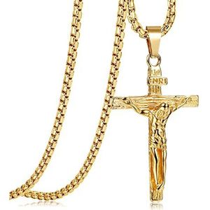 JeweBella Halsketting met hangend kruis voor dames en heren, roestvrij staal, crucifix, Jezus, Venetiaanse halsketting, 61 cm, zilver/goud/zwart, religieuze sieraden, cadeau, Roestvrij staal