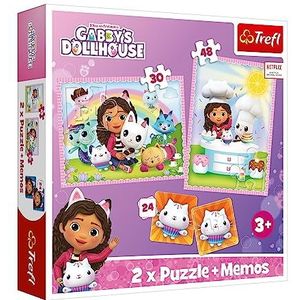 Trefl - Gabby en het magische huis, Gabi met zijn vriend de kat 3-in-1: 2x puzzels + geheugenspel, puzzels met sprookjesfiguren, 30 en 48 elementen, voor kinderen vanaf 3 jaar