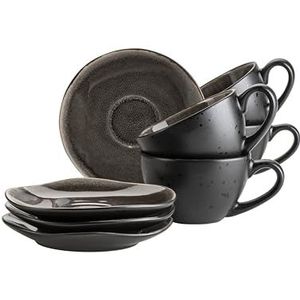 MÄSER 934071 Serie Niara Organic, set van 8 moderne koffiekopjes voor 4 personen, in spannende vintage look, met speciale glazuurcombinatie in zwart en bruin, steengoed