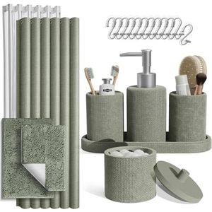 Clara Clark Ensemble de salle de bain vert sauge – Ensemble de salle de bain avec rideau de douche et tapis, ensemble d'accessoires de salle de bain 21 pièces, ensemble de rideau de douche avec