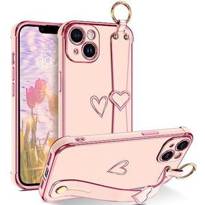 iPhone 14 Plus beschermhoes met verstelbare armband, draaglus, schattig hart, luxe coating, verhoogde hoeken, schokbestendig, voor vrouwen en meisjes (roze)