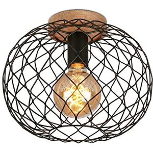 BRILONER - Retro plafondlamp met hout - vintage plafondlamp - E27 fitting - 40W - zwart - diameter 30cm