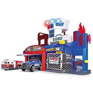 Dickie Toys Brandweer- en politiegarage met 2 speelgoedauto's met lift, blauw licht, sirene, brandweerfunctie, voor kinderen vanaf 3 jaar