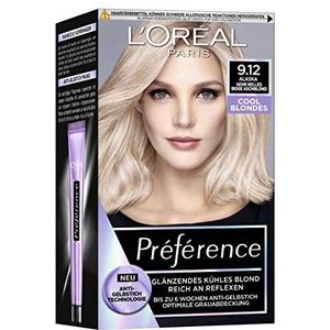 L'Oréal Paris Permanente haarverf met koud kleurresultaat, haarkleurset met kleur en anti-gele balsem Préférence Cool Blondes nr. 9.12 zeer lichtbeige (Alaska), 1 stuk
