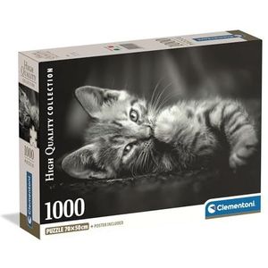 Clementoni - Puzzel 1000 stukjes voor volwassenen en jongens, Kitty-themacollectie, afbeelding kat, compacte doos met poster, cadeau-idee voor mannen en vrouwen, gemaakt in Italië, 70 x 50 cm, 39950