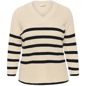 Kaffe Curve Plus-Size Women's Knitted Pullover Long Sleeves V-Neck Stripes Femme, Sand Dollar/Black Stripe, M Grande taille