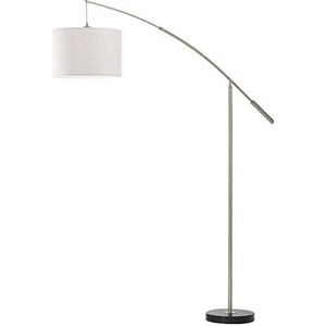 EGLO Nadina, vloerlamp van metaal en textiel, booglamp in mat nikkel en wit, woonkamerlamp, lamp met voetschakelaar, stoffen lamp met E27-fitting