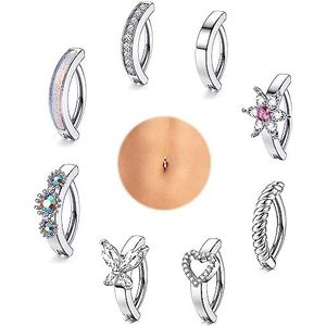 Diamday 8 stuks navelpiercings van chirurgisch staal voor dames, 14 g, mooie vlinder hart bloem, kleine omgekeerde gebogen navelring, Zirkoon