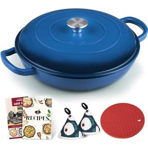 Overmont Geëmailleerde gietijzeren braadpan met deksel, 30 cm, receptenboek voor koken, bakken, stoven, stoofschotels, blauw