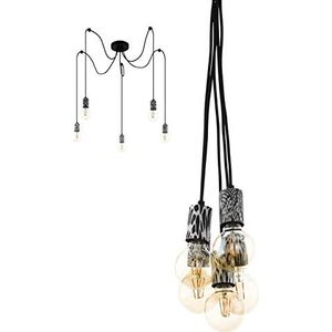 EGLO Hanglamp Coulsdon, 5 lichtpunten, vintage, industrieel, hanglamp van staal en folie in zwart, wit, dierenprint, eettafellamp, woonkamerlamp hangend met E27-fitting
