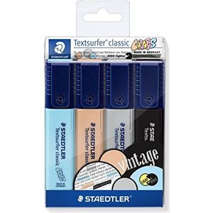 Staedtler Textsurfer Classic, hoogwaardige markeerstiften in vintage kleuren, 1-4 mm ronde punt, kunststof etui met 4 bijpassende vintage markeerstiften, 364 CWP4, verschillende kleuren