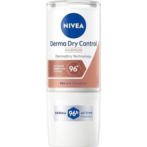 NIVEA Derma Dry Control Deo Roll-on, met 96 uur bescherming tegen zweet en geuren, huidvriendelijk anti-transpirant voor een zacht huidgevoel (50 ml)
