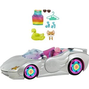 Barbie - Cabrio Extra – 2-zitswagen zilver en glitter – Hond met zwembad – Draaiende wielen – Roze interieur – vanaf 3 jaar, HDJ47