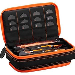 Casemaster Plazma Plus 3 dartkoffer met stalen punt en groot voorvak voor mobiele apparaten, geïntegreerde opbergbuis en zakken voor vinnen, punten, staven en persoonlijke voorwerpen, Oranje rand.,