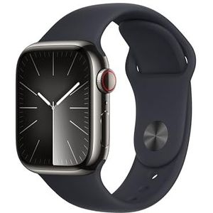 Apple Watch Series 9 (41 mm GPS + Cellular) Smartwatch met behuizing van grafiet roestvrij staal en sportarmband in de kleur middernachtblauw (M/L). Tracker voor fysieke activiteit, apps voor zuurstof
