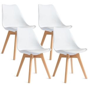 CangLong Set van 4 moderne eetkamerstoelen met houten poten - Voor keuken, eetkamer, slaapkamer, woonkamer - Wit