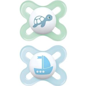 MAM Original Start Babyfopspeen in set van 2 fopspenen meet 0-2 maanden, fopspeen van natuurlijk rubber, biologisch met fopspeenhouder, groenachtig