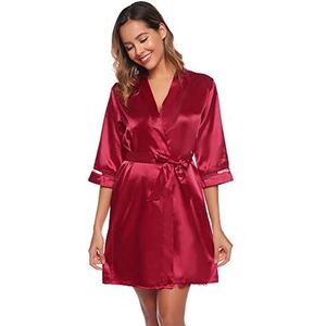 Sykooria Pyjama Kimono voor Dames Set van 2-delige sexy nachthemden in zachte stoffen elegante korte badjas nachthemd in satijn van kant, Wijn rood, XXL
