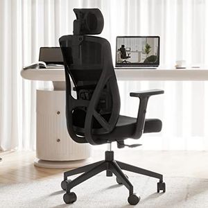 Novilla Ergonomische bureaustoel, in hoogte verstelbaar, verstelbare armleuningen, verstelbare hoofdsteun, hoge rugleuning, draaibare bureaustoel van mesh, ademende rugleuning van canvas, zwart