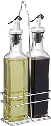 Relaxdays olie en azijn stel - set - 2 in 1 - met schenktuit - voor keuken - olieflessen met houder - 2 x 250 ml - glas
