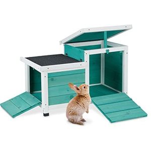 Relaxdays Deko-Shop-Hannusch Vogelhuis van dennenhout voor konijnen, cavia's, buiten en binnen voor kleine dieren, van sparrenhout, turquoise/wit, 42 x 34 x 62 cm
