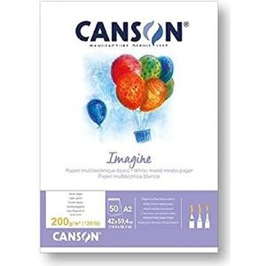 CANSON Imagine, multi-technisch papier, lichte korrel, 200 g/m², 54,43 kg, kleine zijde gelijmd, A2 - 42 x 59,4 cm, natuurlijk wit, 50 vellen