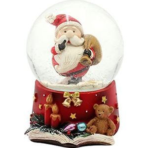 Sneeuwbol Sinterklaas met geschenkzakje op gedecoreerde sokkel, afmetingen (L x B x H): 6,5 x 6,5 x 9 cm, bol Ø 6,5 cm.