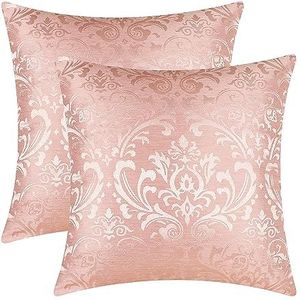 CaliTime Set van 2 kussenslopen voor bank, woondecoratie met glanzend vintage damastbloemenpatroon en saai contrast, 45 cm x 45 cm, poederroze
