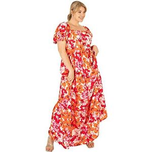 Lovedrobe Zomerjurk voor dames, grote maat, bloemen, korte mouwen, ruches, gebogen kant, hoge taille, vierkante hals, damesjurk, Rood