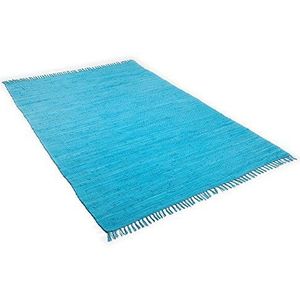 Dhurry Fleckerl, plat geweven tapijt van 100% katoen, handgeweven, wasbaar, omkeerbaar, 60 x 120 cm, turquoise, Happy Cotton