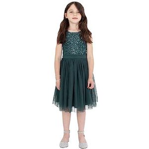 Maya Deluxe Midi jurk voor meisjes, pailletten, versierd, feest, tutu, bruidsmeisjes, bruiloft, met riem strik, smaragdgroen, 7-8 jaar voor meisjes, smaragdgroen, 7-8 jaar, Emerald Groen