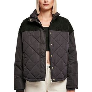 Urban Classics Dames winterjas gewatteerde jas geruit met opstaande kraag en sherpa element, oversized pasvorm, XS-5XL, zwart.