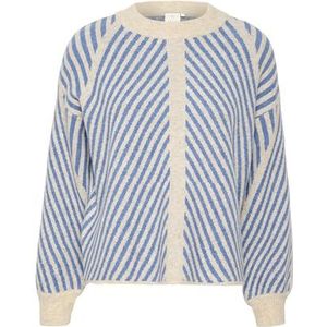 KAFFE Women's Pullover Regular Fit Long Sleeves Crew Neck Striped Knit Femme, Beige/Cornflower Stripe, M