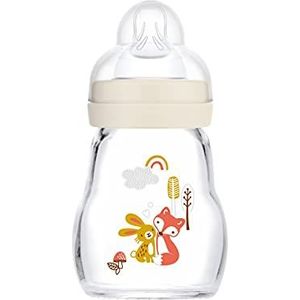 MAM Feel Good babyfles van glas (170 ml), melkfles met brede opening - stabiele babyfles met fopspeen maat 1 vanaf de geboorte, konijn, vos