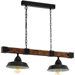 EGLO pendellamp OLDBURY, 2 lichtbronnen Vintage pendelarmatuur met industrieel ontwerp, hanglamp van staal en hout, kleur: zwart, rustiek bruin, fitting: E27, L: 86 cm