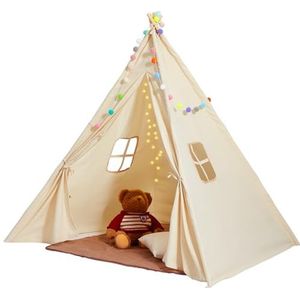 VEVOR Speeltent voor kinderen, teepee tent voor kinderen van 1 tot 5 jaar, kindertent met mat en decoratieve pluche ballen, met venster voor binnen en buiten