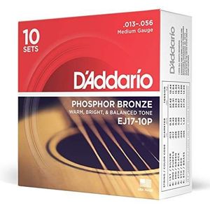 D'Addario snaren voor akoestische gitaar, folk-gitaar, EJ17-10P, fosforbronzen snaren voor akoestische gitaar, medium 13-56, 10 spellen