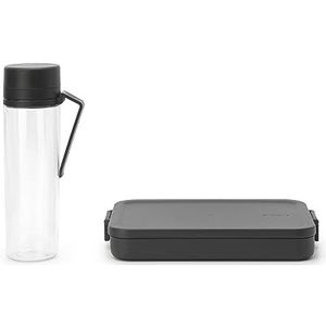 Brabantia - Make & Take Ontbijtpauzenset - 2 stuks: Drinkfles met filter 0,5L & Platte lunchbox - Waterdicht - Vaatwasmachinebestendig - Donkergrijs