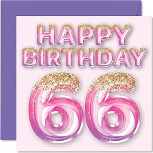 Verjaardagskaart 66 jaar dames - roze en paarse glitter ballonnen - verjaardagskaarten voor 66 jaar, moeder, oma, oma, tante, 145 mm x 145 mm, 66 jaar, 66 jaar,