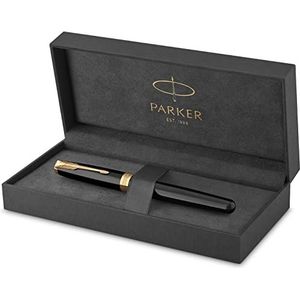 Parker Sonnet Balpen, zwarte kleur met gouden munten, fijne punt, zwarte inkt, geschenkdoos