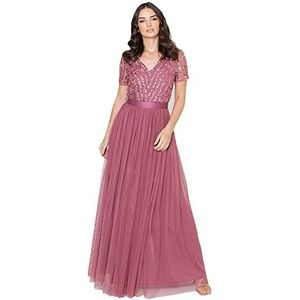 Maya Deluxe Maya Deluxe Maxi-jurk voor dames, bruidsmeisje, V-hals, baljurk, korte mouwen, lang, elegant, Empire-taille, bruiloft, bruidsmeisjesjurk voor dames (1 stuk), Woestijnroos