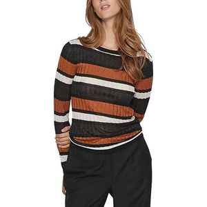 Vila Viember Gebreide top met pailletten, maat L/S, T-shirt met lange mouwen voor dames, Antraciet/strepen: berken/karamel koffie