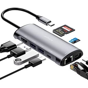 Kubager USB C-hub - USB C-adapter 8-in-1 met HDMI 4K, 2 USB-A 3.1, 1 USB-C 3.1, PD 100W, SD/TF, Ethernet 1000M, USB C-dockingstation voor MacBook Pro/Air, PS4, Laptop