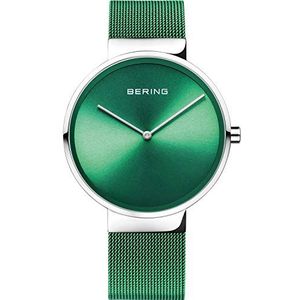 BERING Gemengd analoog kwarts klassieke collectie horloge met armband van roestvrij staal en saffierglas, Groen/Zilver, 39 mm