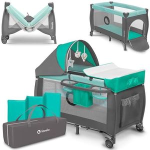 lionelo Sven 2-in-1 Reisbed annex Babybox, draagbaar logeerbed, in hoogte verstelbaar, commode, luifel met muggennet en zijingang, compact en opvouwbaar, accessoires, ook voor thuis