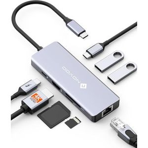 NOVOO 8-in-1 USB C hub naar ethernet, HDMI 4K, 100W PD, USB 3.0, SD/TF - Multiport Adapter voor MacBook Pro Air M2 M1 Surface iPad Galaxy HP
